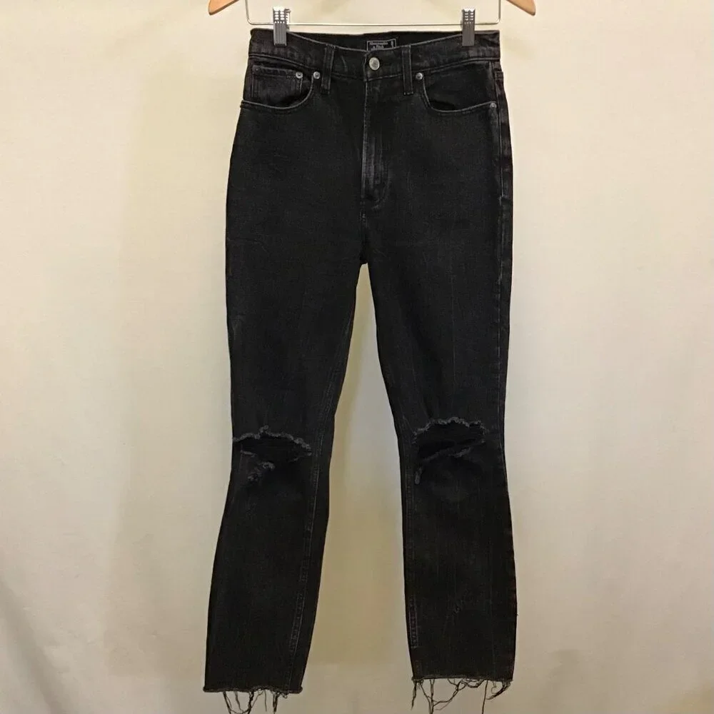 Abercrombie 2 (26) Ultra High Rise Mom Womens Jeans Black Distressed Frayed Hems